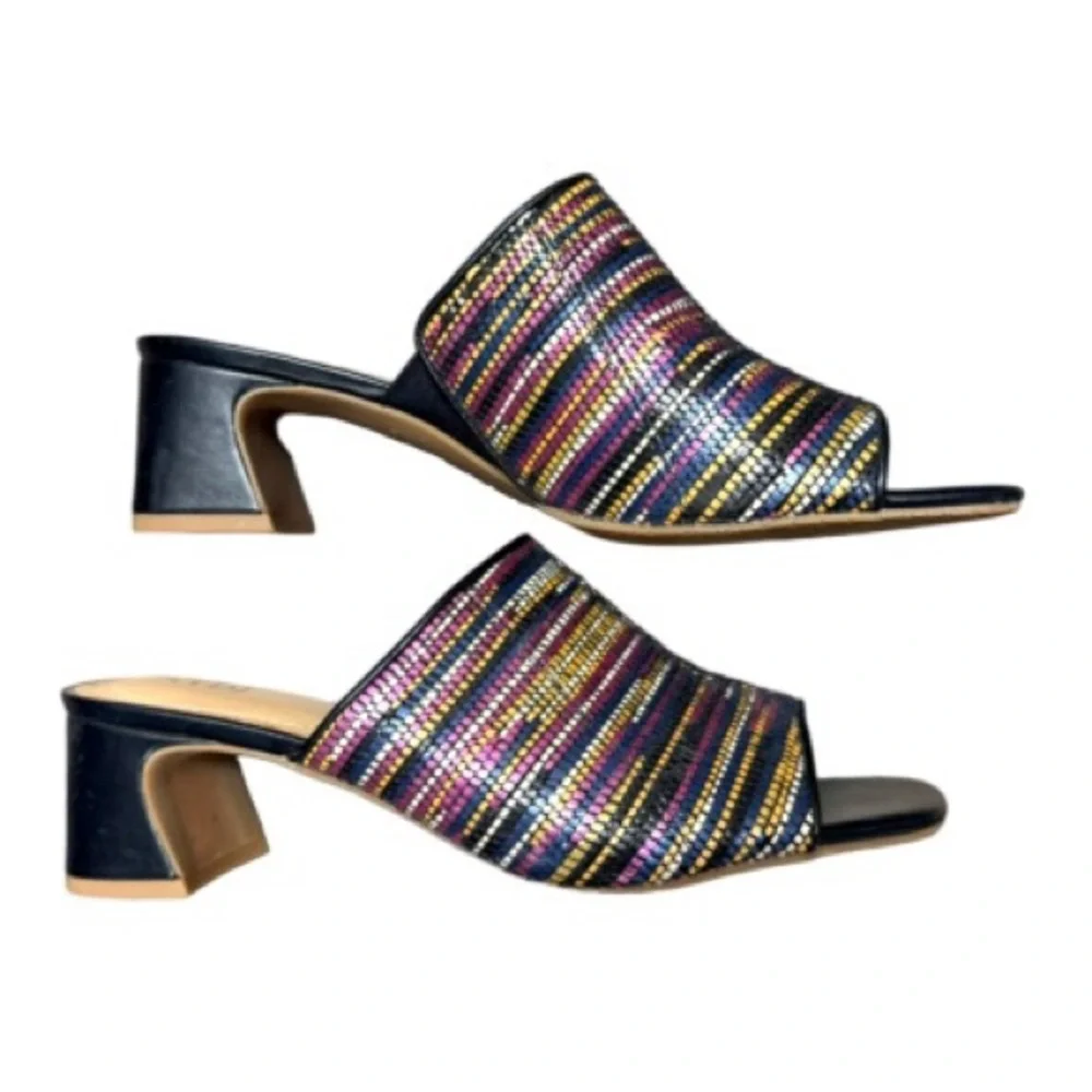 NYDJ Heeled Mule Slides-Gwen Black/Multi Colored NWOT Size 8.5 Pristine Cond.
